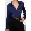 Kadın Moda Şık Üst Giyim Crop Gömlek Yaka Regular Kalıp Dokuma Saten Bluz