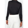 Kadın Moda Şık Üst Giyim Crop Gömlek Yaka Regular Kalıp Dokuma Saten Bluz