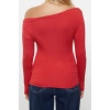 Womens Carmen Collar Low Sleeve Slim Pattern Knitted Soft Touch Soft Fabric Body-Smoothing Flexible Blouse