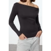 Womens Carmen Collar Low Sleeve Slim Pattern Knitted Soft Touch Soft Fabric Body-Smoothing Flexible Blouse