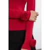 Kadın Moda Şık Regular Dik Yaka Slim Kalıp Örme Gül Detaylı Fitted Vucuda Oturan Kollu Esnek Bluz