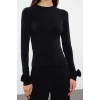 Kadın Moda Şık Regular Dik Yaka Slim Kalıp Örme Gül Detaylı Fitted Vucuda Oturan Kollu Esnek Bluz