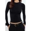 Kadın Moda Şık Regular Dik Yaka Slim Kalıp Örme Gül Detaylı Fitted Vucuda Oturan Kollu Esnek Bluz