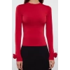 Kadın Moda Şık Regular Dik Yaka Slim Kalıp Örme Gül Detaylı Fitted Vucuda Oturan Kollu Esnek Bluz