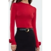 Kadın Moda Şık Regular Dik Yaka Slim Kalıp Örme Gül Detaylı Fitted Vucuda Oturan Kollu Esnek Bluz
