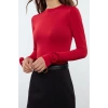 Kadın Moda Şık Regular Dik Yaka Slim Kalıp Örme Gül Detaylı Fitted Vucuda Oturan Kollu Esnek Bluz
