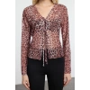Womens Fashion Stylish Regular V Neck Spanish Sleeve Regular Pattern Knitted Tie Detailed Tulle Flexible Blouse