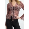 Womens Fashion Stylish Regular V Neck Spanish Sleeve Regular Pattern Knitted Tie Detailed Tulle Flexible Blouse