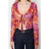 Womens Crop V Neck Spanish Sleeve Regular Pattern Knitted Floral Patterned Tie and Ruffle Flexible Tulle Blouse