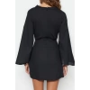 New Regular Beach Casual Flamed Cotton Woven V Neck Long Sleeve Shift Mini Length Dress