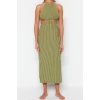 New Regular Beach Casual Textured Knitted Halter Neck Sleeveless Smock Maxi Dress