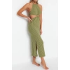 New Regular Beach Casual Textured Knitted Halter Neck Sleeveless Smock Maxi Dress