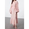 New Casual Daily Muslin Woven Crew Neck Long Sleeve Ruffle Skirt Maxi Length Hijab Dress