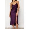 New Fit Graduation Prom Satin Woven Cowl Neck Strap Sleeve Shift Midi Length Dress