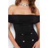 Yeni Fit Mezuniyet Balo Sandy Örme Carmen Yaka Kısa Kol Bodycone Mini Boy Elbise
