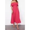 New Fit Graduation Prom Finike Woven Carmen Collar Short Sleeve Skater Midi Length Dress