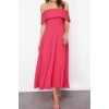 New Fit Graduation Prom Finike Woven Carmen Collar Short Sleeve Skater Midi Length Dress