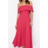 New Fit Graduation Prom Finike Woven Carmen Collar Short Sleeve Skater Midi Length Dress