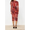 New Slim Day Night Tulle Knitted Stand Collar Long Sleeve Bodycone Midi Length Dress