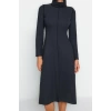 New Regular Casual Daily Selanik Knitted Stand Collar Long Sleeve A-Line Midi Length Dress