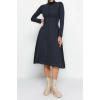 New Regular Casual Daily Selanik Knitted Stand Collar Long Sleeve A-Line Midi Length Dress