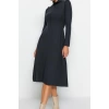 New Regular Casual Daily Selanik Knitted Stand Collar Long Sleeve A-Line Midi Length Dress