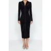 New Slim Casual Daily Velvet Knitted Polo Neck Long Sleeve Bodycone Midi Length Dress