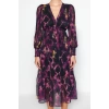 New Regular Day Night Chiffon Woven V Neck Long Sleeve A-Line Midi Length Dress