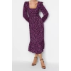 New Regular Casual Daily Shally Woven Square Neck Long Sleeve A-Line Midi Length Dress