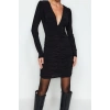 New Slim Day Night Thick Sandy Knitted V Neck Long Sleeve Bodycone Mini Length Dress