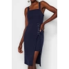 Yeni Slim Gündüz Gece Finike Dokuma Kare Yaka Askılı Kol Bodycone Midi Boy Elbise