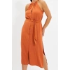 Yeni Regular Casual Günlük Shally Dokuma Halter Yaka Kolsuz Kol Gömlek Elbise Midi Boy Elbise