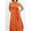 Yeni Regular Casual Günlük Shally Dokuma Halter Yaka Kolsuz Kol Gömlek Elbise Midi Boy Elbise