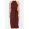 Yeni Regular Casual Günlük Shally Dokuma Halter Yaka Kolsuz Kol Gömlek Elbise Midi Boy Elbise