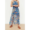 New Regular Day Night Chiffon Woven Halter Neck Strap Sleeve A-Line Midi Length Dress