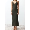 New Regular Casual Daily Single Plate Knitwear V Neck Strappy Sleeve Basic Maxi Length Dress