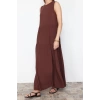 Yeni Regular Casual Günlük Shally Dokuma Bisiklet Yaka Kolsuz Kol Shift Maxi Boy Elbise
