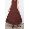 Yeni Regular Casual Günlük Shally Dokuma Bisiklet Yaka Kolsuz Kol Shift Maxi Boy Elbise