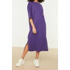New Comfortable Casual Daily 2 Yarn Non-raised Knitted Crew Neck Three Quarter Sleeve Shift Midi Length Dress