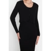 Yeni Slim Casual Günlük Fitilli Triko V Yaka Uzun Kol Bodycone Midi Boy Elbise