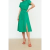 New Regular Business Poplin Woven Stand Collar Short Sleeve A-Line Midi Length Dress
