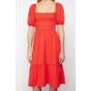 New Regular Casual Daily Crepe Knit Square Neck Short Sleeve Frilled Skirt Midi Length Dress
