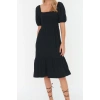 New Regular Casual Daily Crepe Knit Square Neck Short Sleeve Frilled Skirt Midi Length Dress
