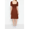 New Regular Casual Daily Crepe Knit Square Neck Short Sleeve Frilled Skirt Midi Length Dress