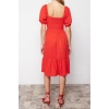 New Regular Casual Daily Crepe Knit Square Neck Short Sleeve Frilled Skirt Midi Length Dress