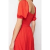 New Regular Casual Daily Crepe Knit Square Neck Short Sleeve Frilled Skirt Midi Length Dress