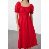 New Regular Casual Daily Poplin Woven Square Neck Short Sleeve Skater Midi Length Dress