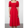New Regular Casual Daily Poplin Woven Square Neck Short Sleeve Skater Midi Length Dress