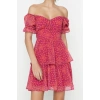 New Comfortable Casual Daily Chiffon Woven Carmen Collar Short Sleeve Skater Mini Length Dress