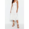New Regular Casual Daily Embroidered Woven Heart Neck Strappy Sleeve Skater Midi Length Dress